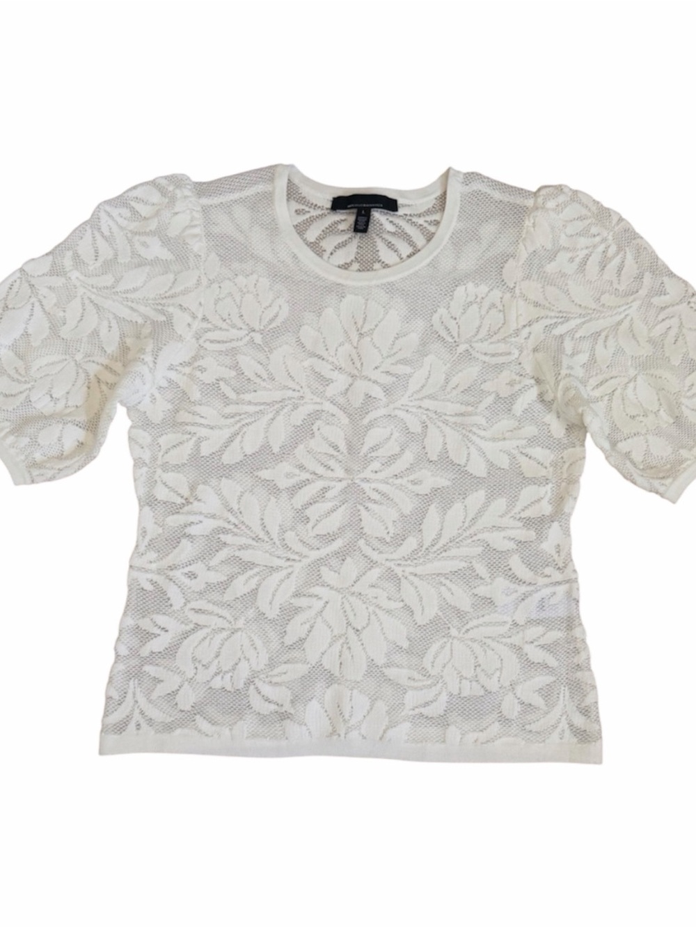 White House Black Market White Floral Sheer Jacquard Knit Pattern Top Size L